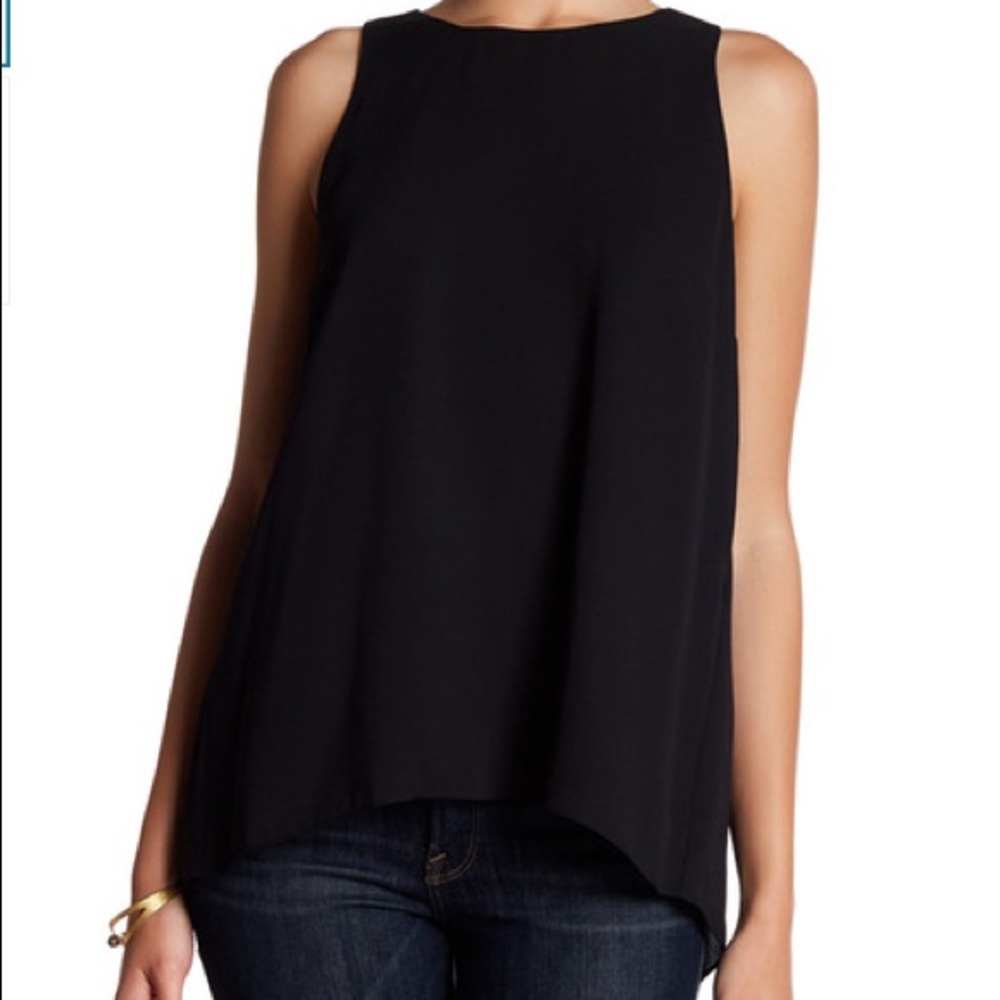 Vince Camuto Black Hi Low Tank Top Flowy Silky Blouse Back Detail Shell Trendy